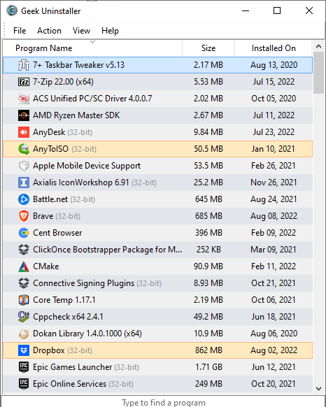 Geek Uninstaller main window: program list with name, size, and install date columns